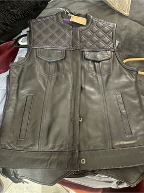 Unik Black Leather Vest with Purple Stitching Accents